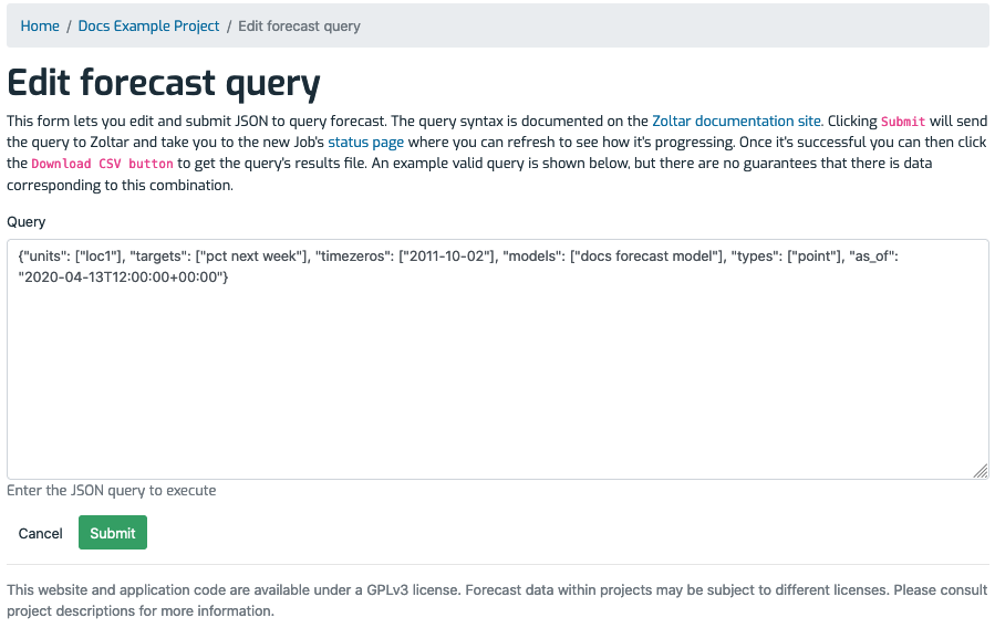 Query forecasts page